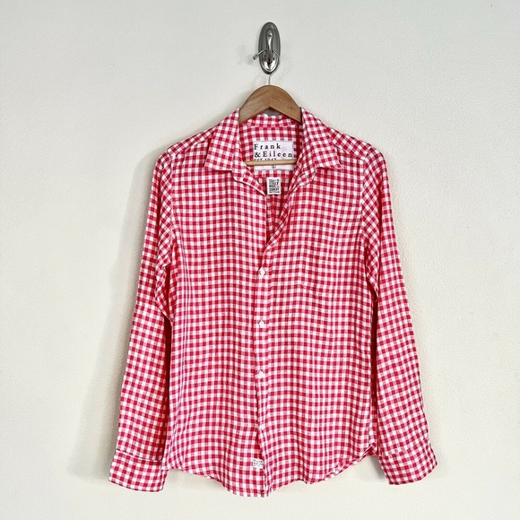 FRANK & EILEEN Barry 100% Linen Button Down Shirt in Hot Pink Check - Picture 2 of 7